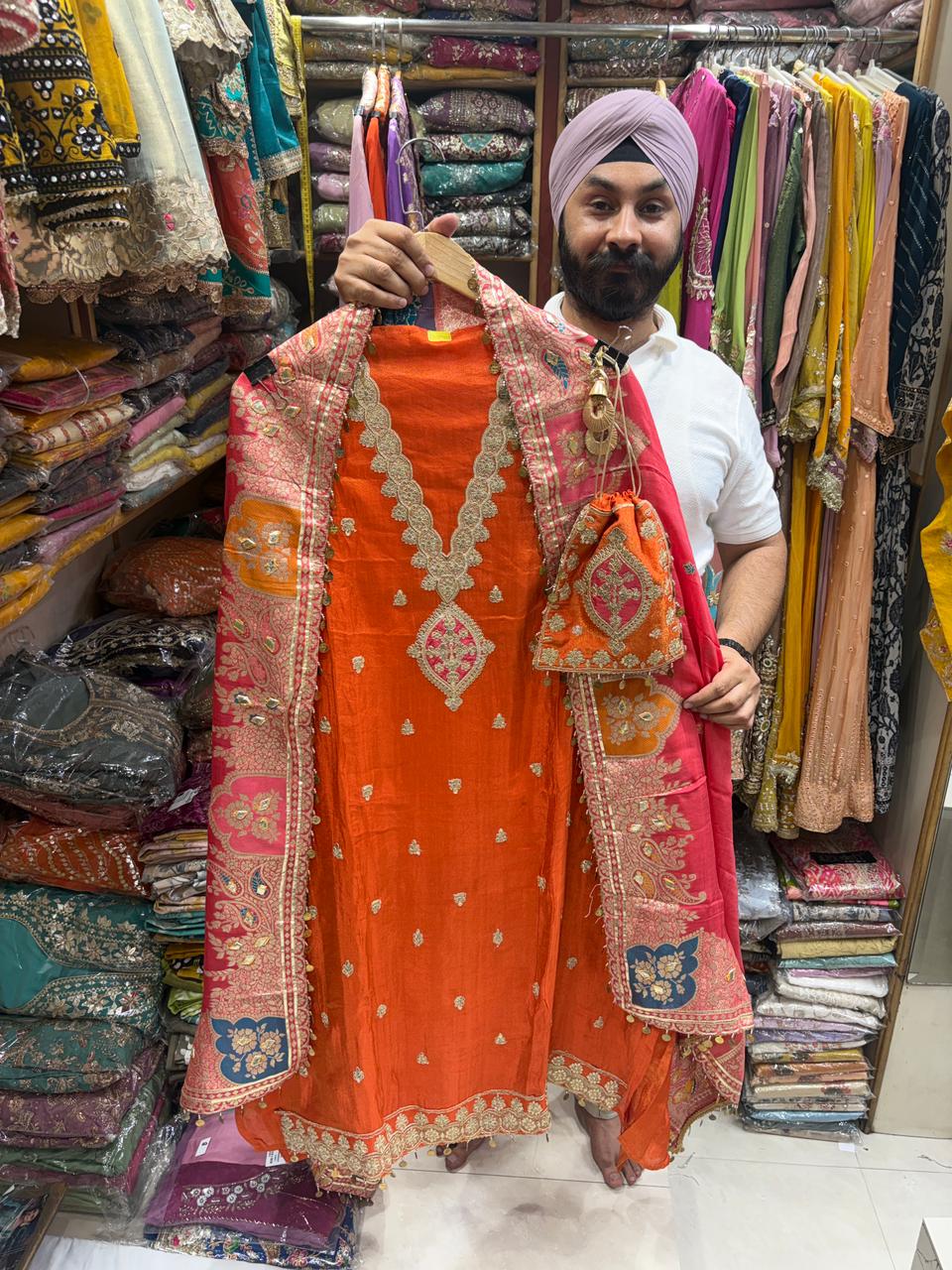 Organza Banarsi Contrast V Neck Potli New Edition
