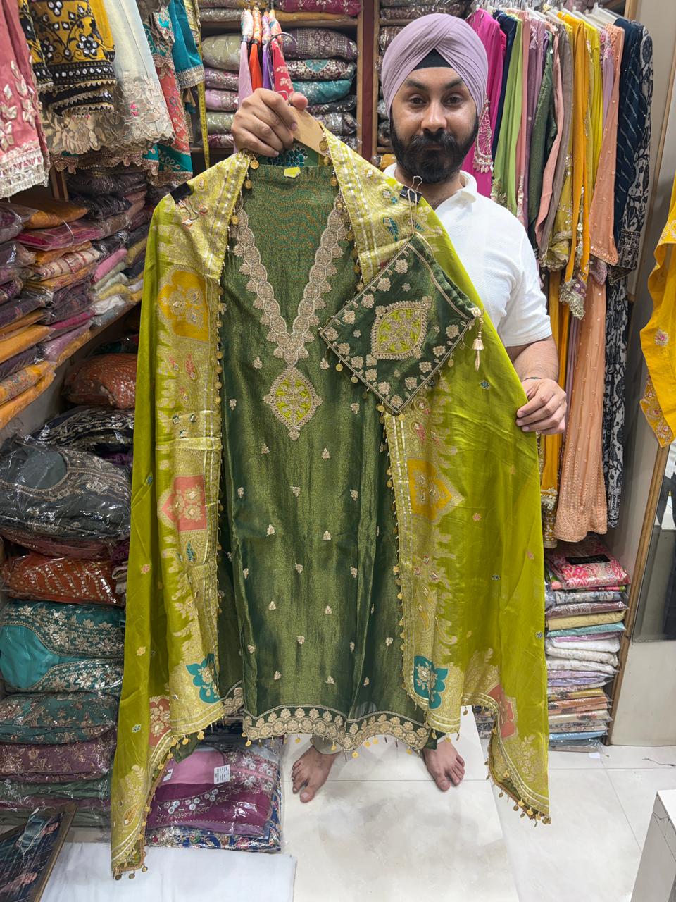 Organza Banarsi Contrast V Neck Potli New Edition