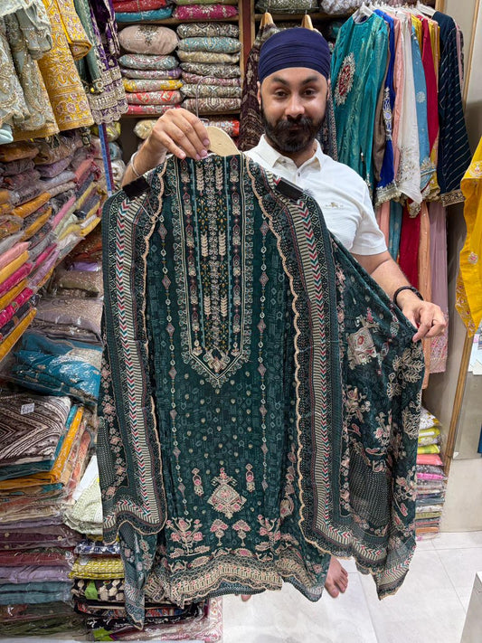 Crepe Floral Print Zari Emb Suits