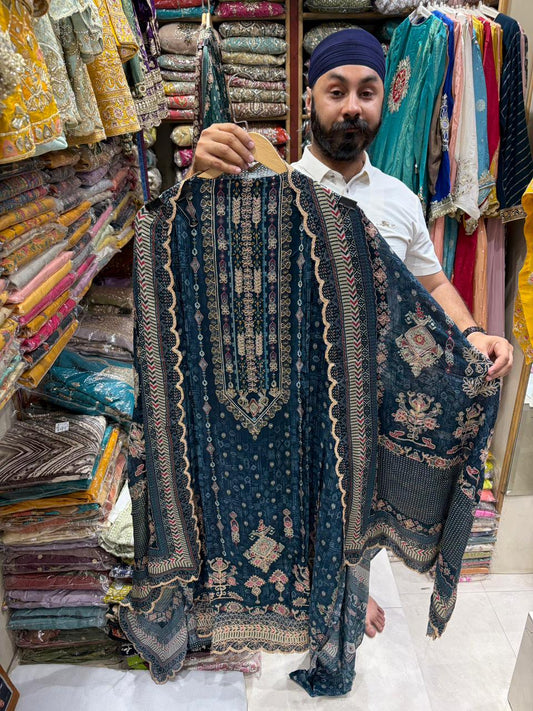 Crepe Floral Print Zari Emb Suits