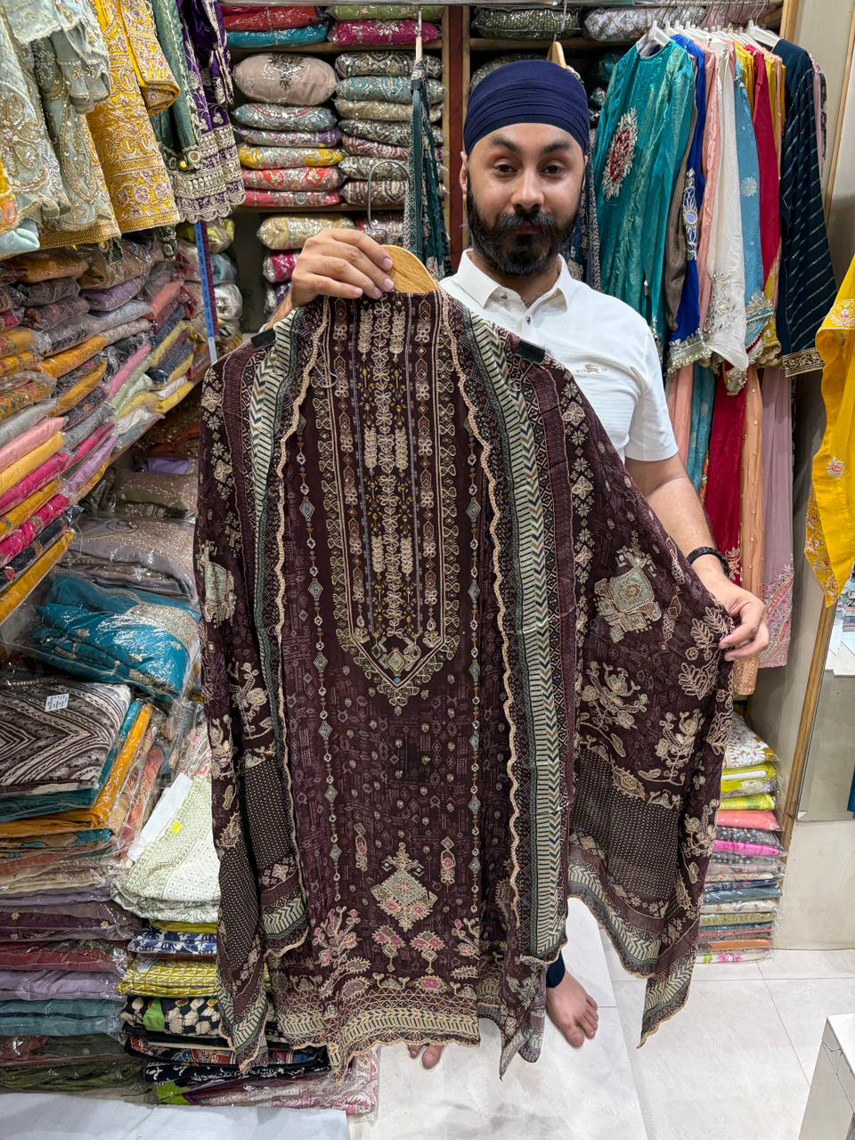 Crepe Floral Print Zari Emb Suits