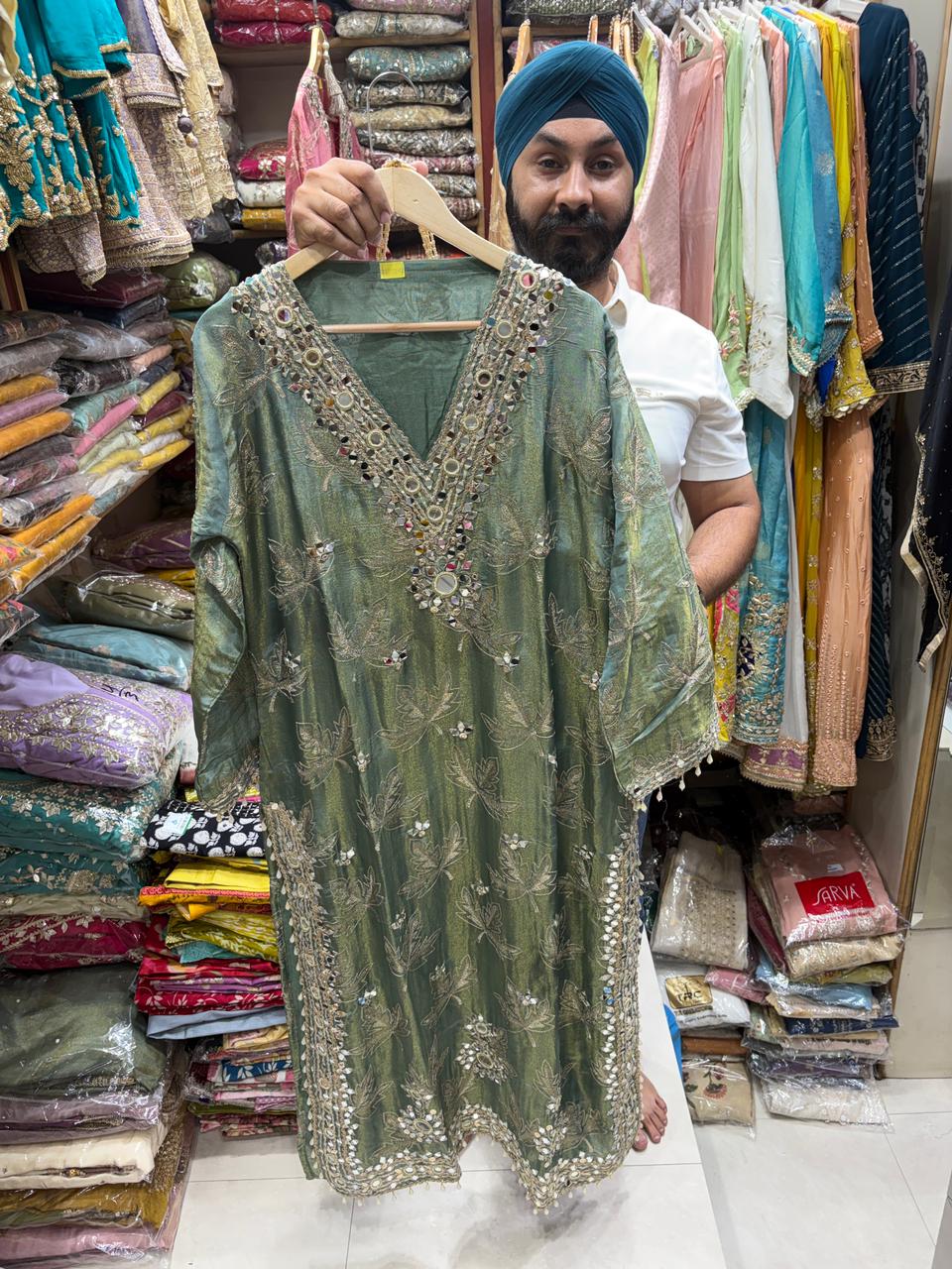 Shimmer Long Dress - V Style Mirror Work