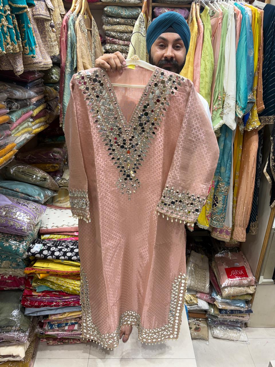Pure Banrasi Shimmer Slit Dress Edition 2 - Mirror Neck
