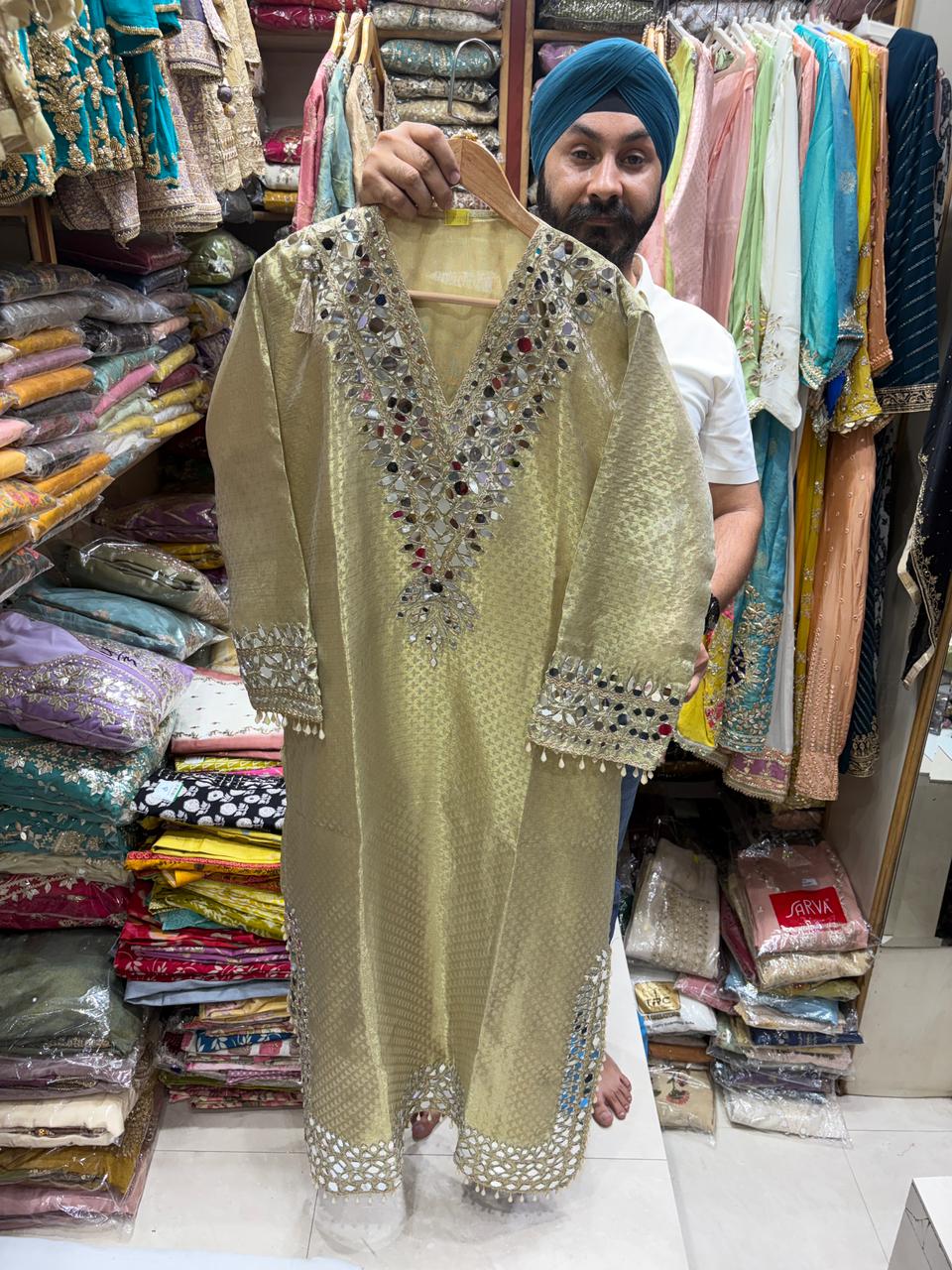 Pure Banrasi Shimmer Slit Dress Edition 2 - Mirror Neck