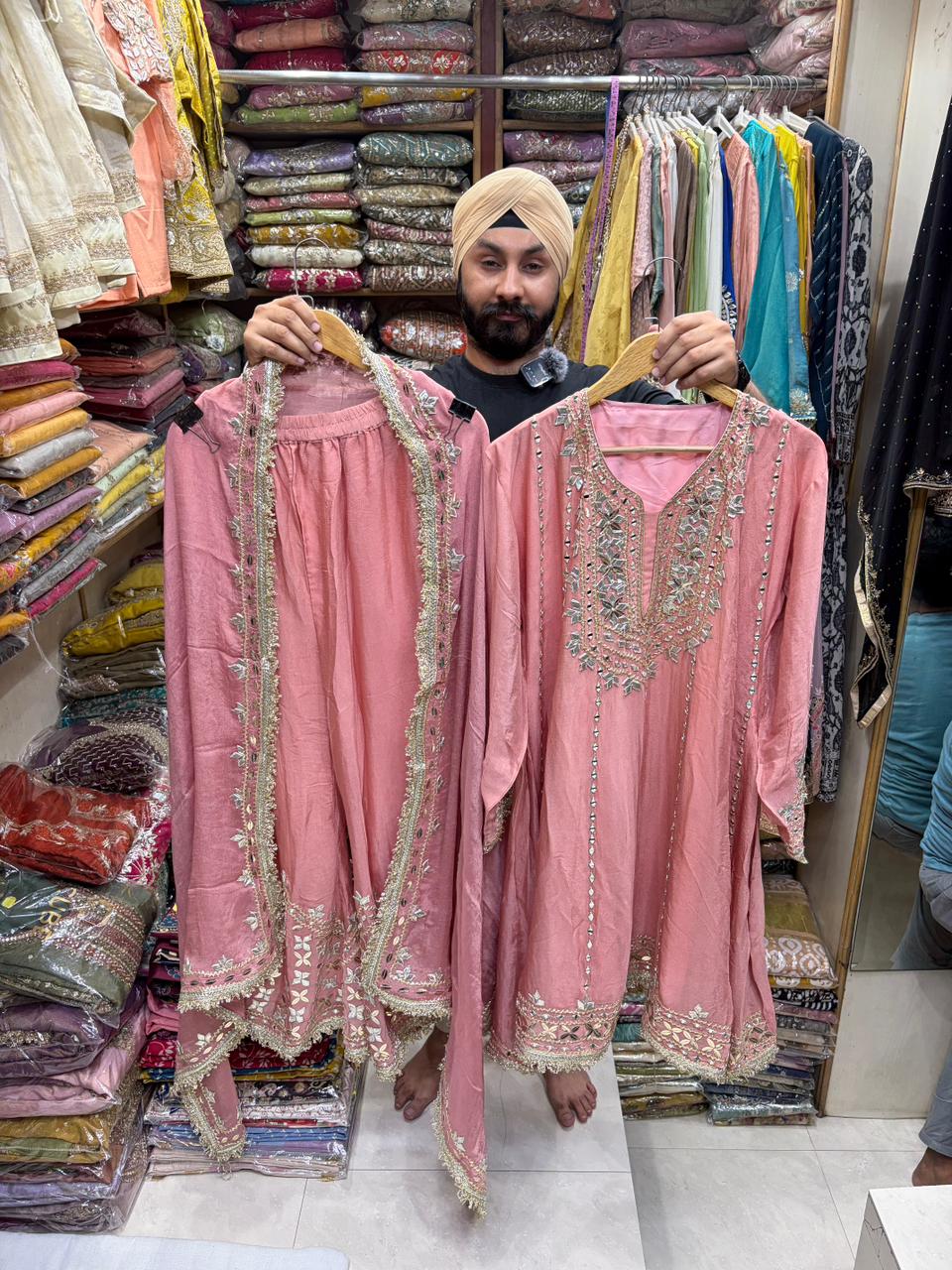 Chinnon Anarkali Sharara Set - Mirror Leather work