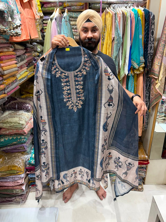 Denim Blue Khadi Cotton - Warli Print