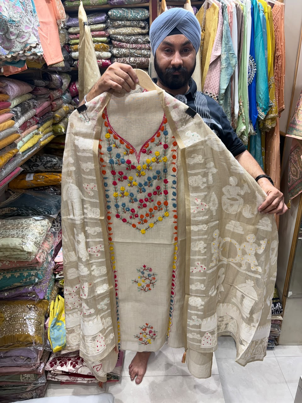 Jamdani Beige Color Suit - Phulkari Neck with Stall Dupatta