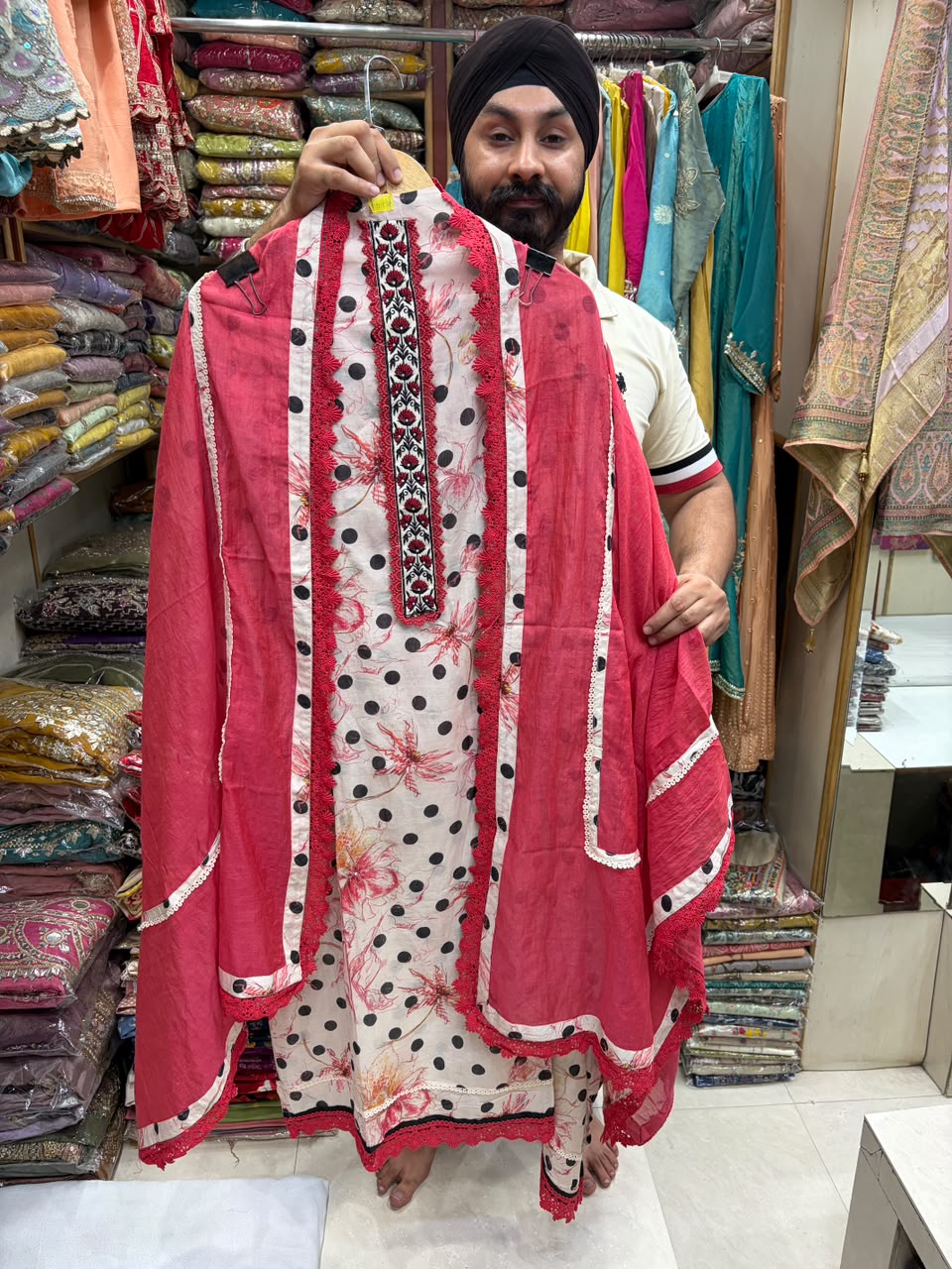 Mul Chanderi Polta Dot Pakistani Suit