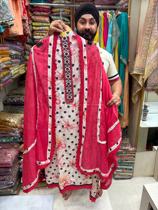 Mul Chanderi Polta Dot Pakistani Suit
