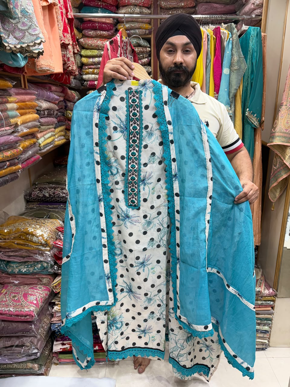 Mul Chanderi Polta Dot Pakistani Suit