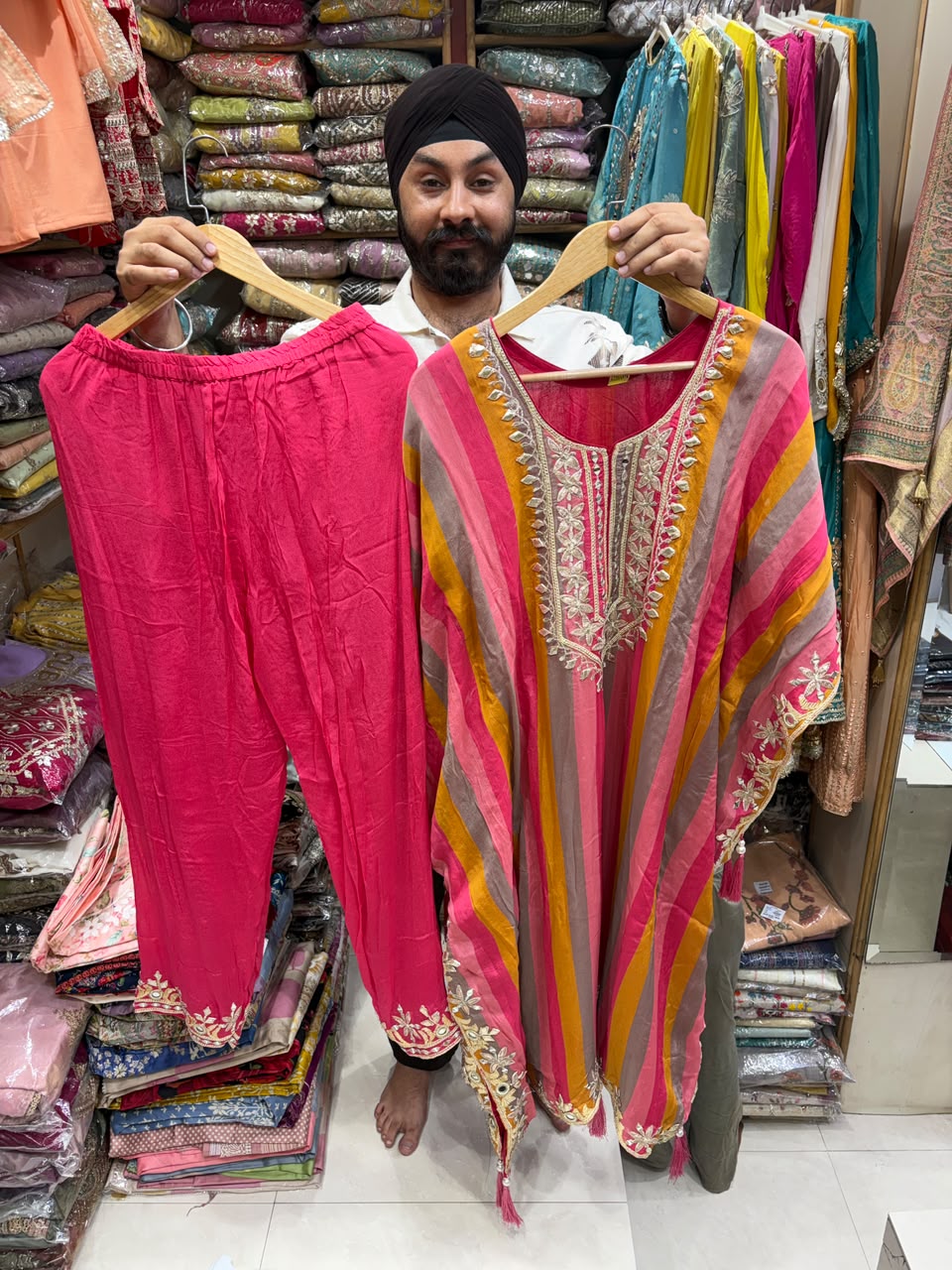 Pure Chinnon Digital Print Mirror Work Kaftan