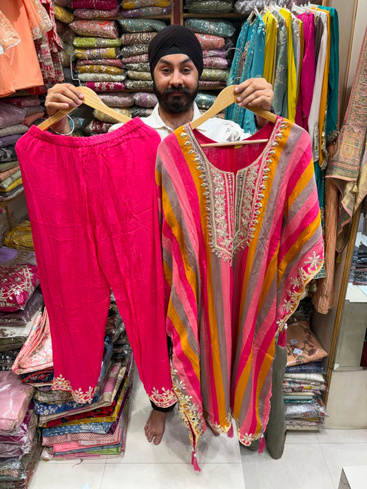 Pure Chinnon Digital Print Mirror Work Kaftan