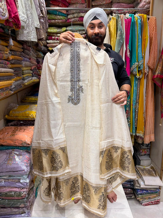 Jamdani Shimmer Weaving with Border  ( Beige Solo )