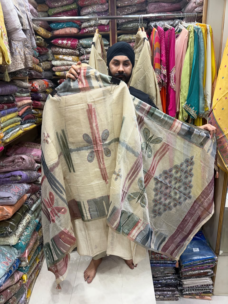 Jamdani Beige Color Suit - Phulkari Neck with Stall Dupatta