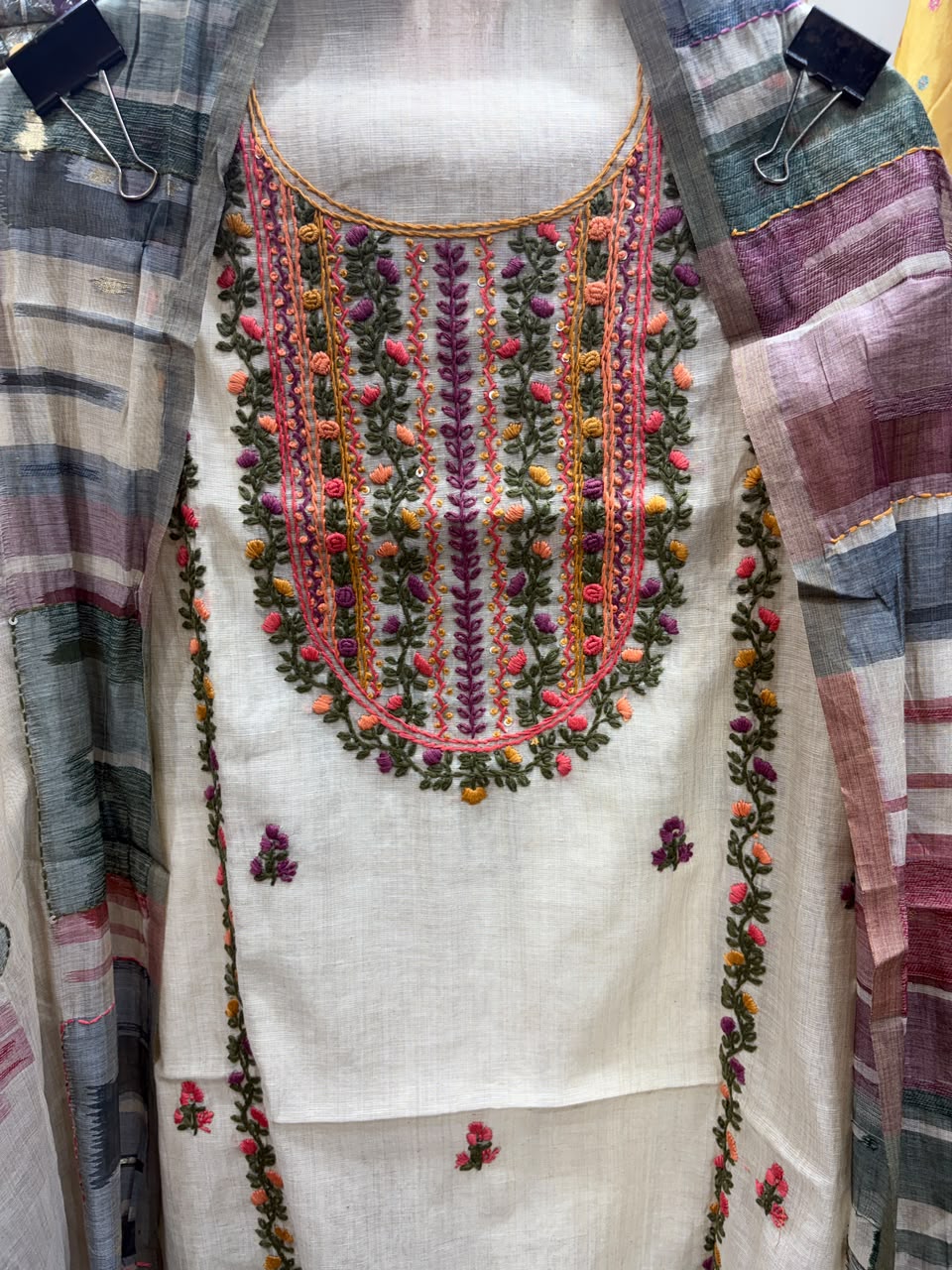 Jamdani Beige Color Suit - Phulkari Neck with Stall Dupatta