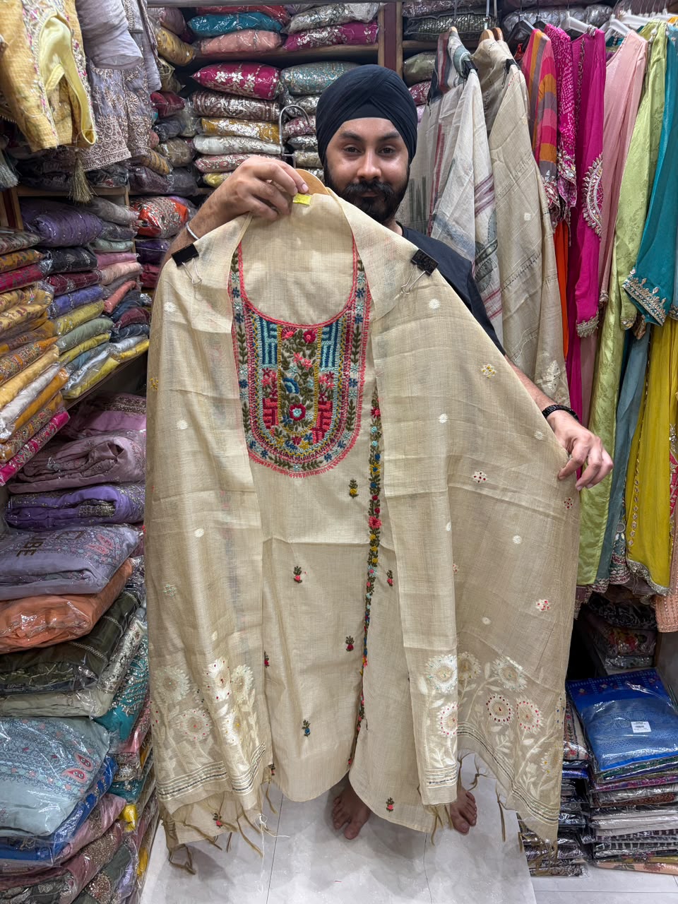 Jamdani Beige Color Suit - Phulkari Neck with Stall Dupatta