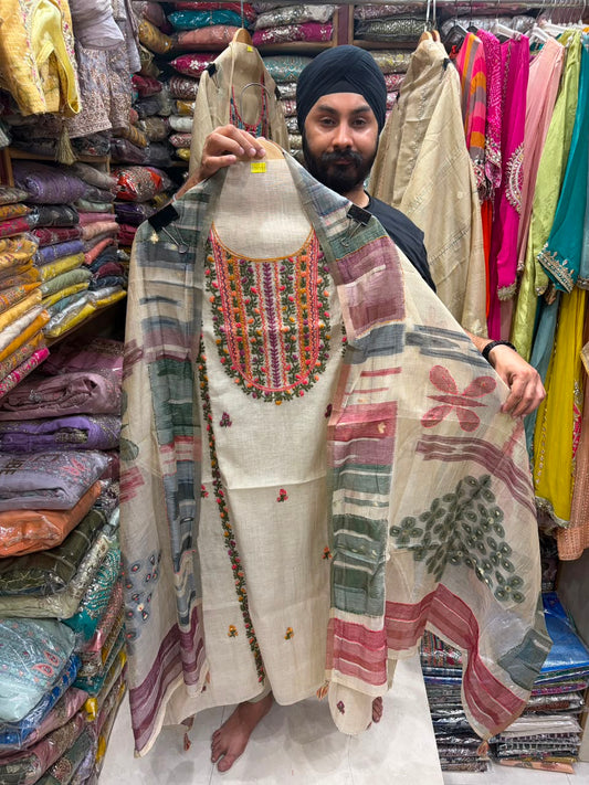 Jamdani Beige Color Suit - Phulkari Neck with Stall Dupatta