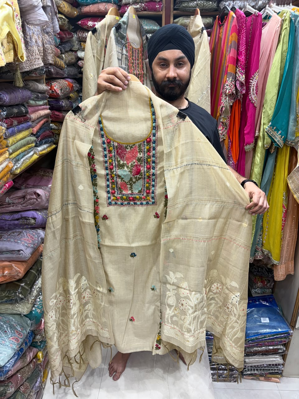 Jamdani Beige Color Suit - Phulkari Neck with Stall Dupatta
