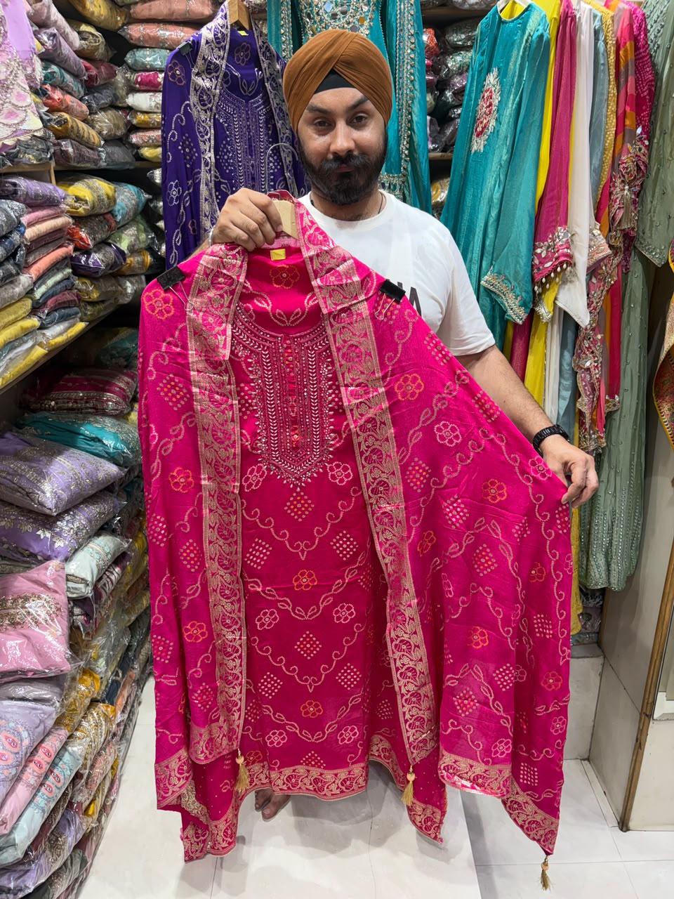 Pure Chinnon Banarsi Weave Bhandej Suits
