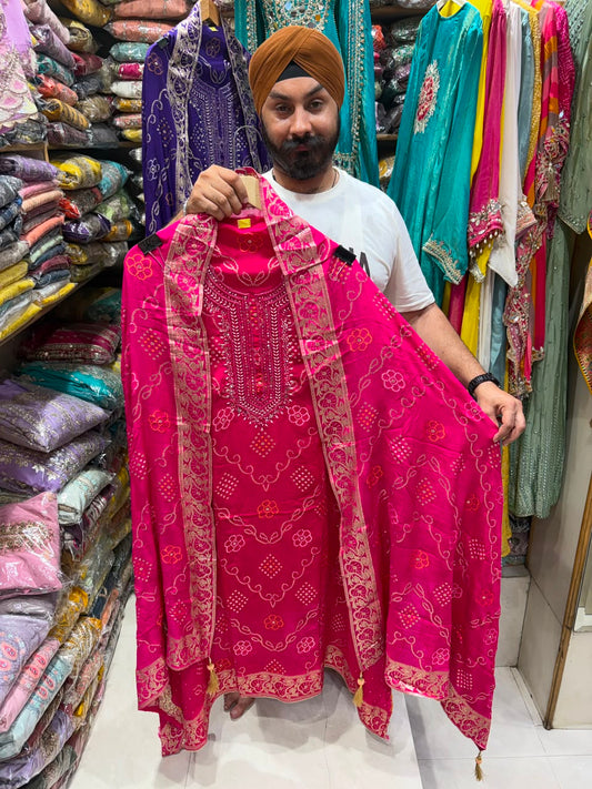 Pure Chinnon Banarsi Weave Bhandej Suits