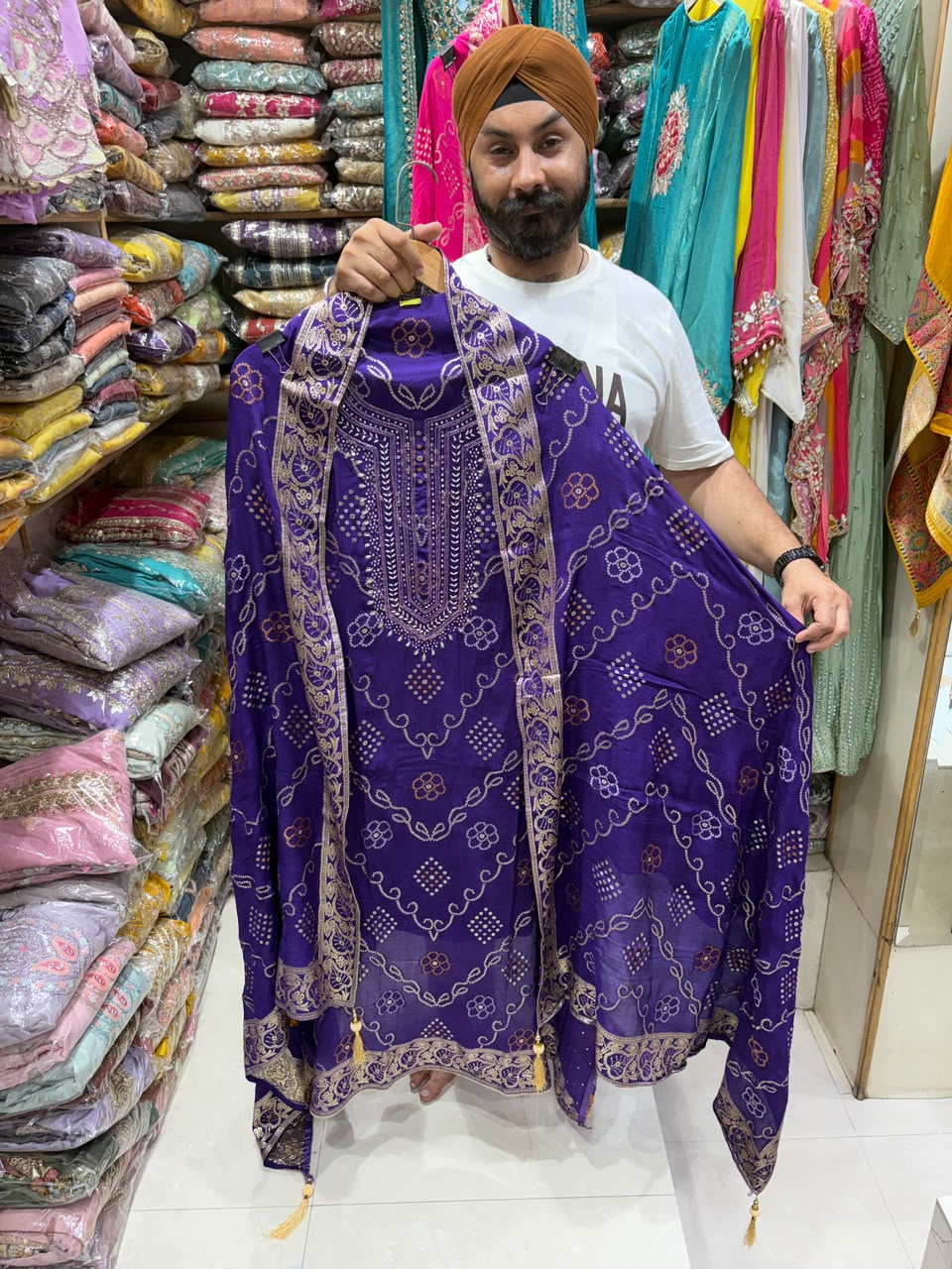 Pure Chinnon Banarsi Weave Bhandej Suits