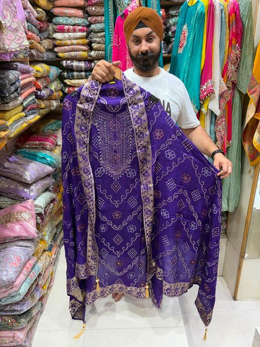 Pure Chinnon Banarsi Weave Bhandej Suits
