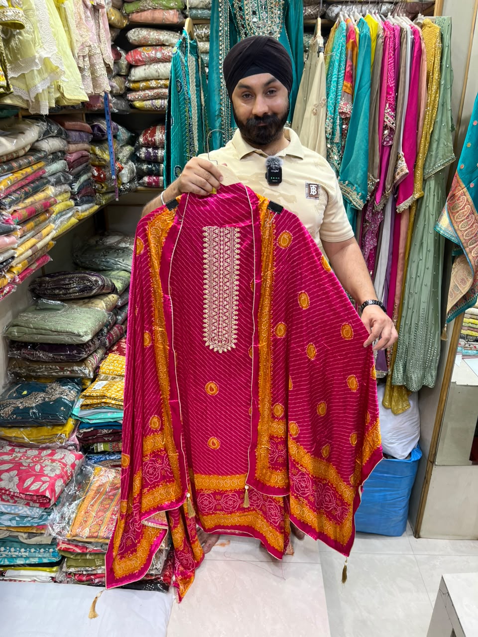 Gajji Silk Bhandhej Patra Work Neckline - Design no 31