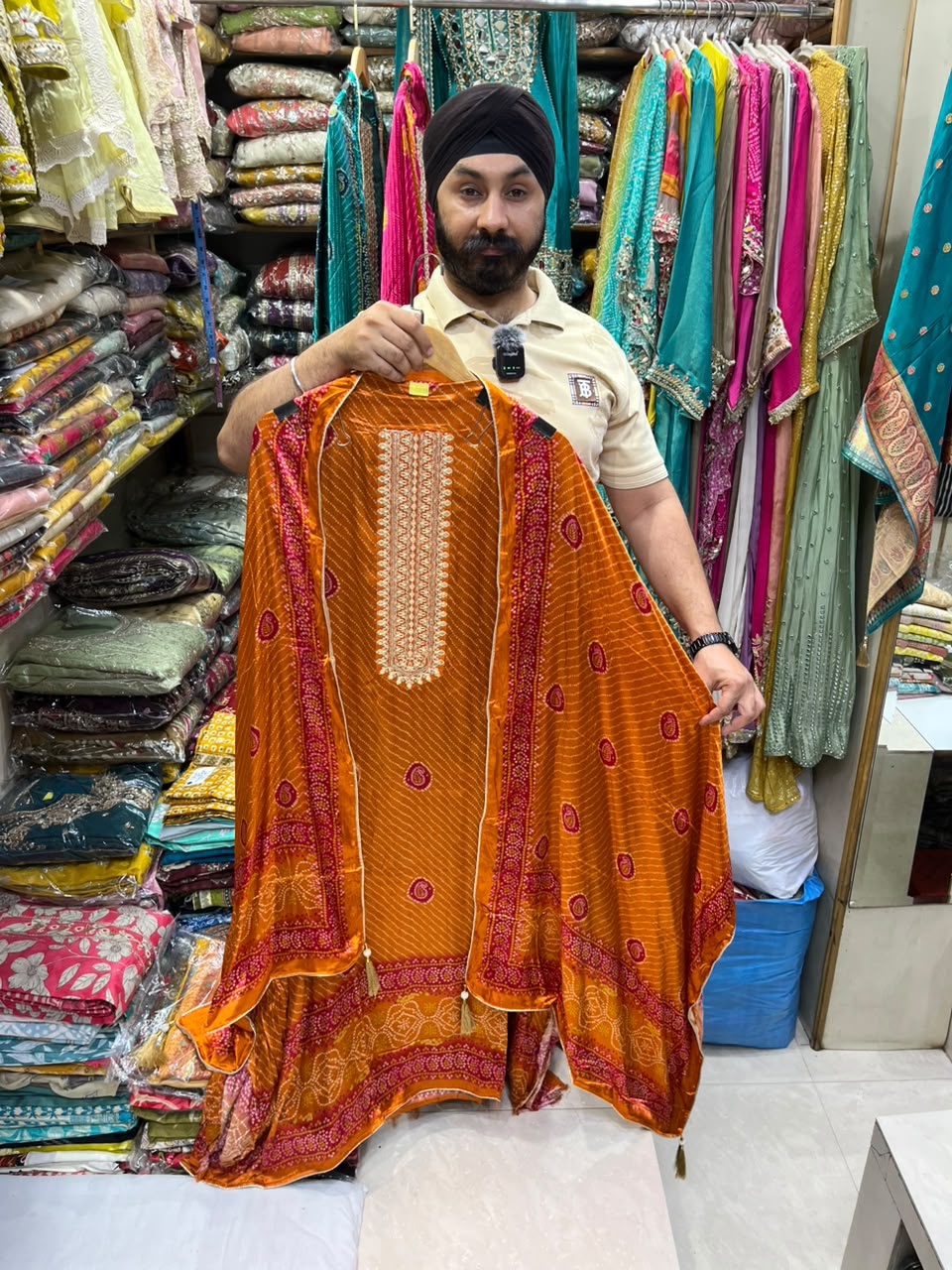 Gajji Silk Bhandhej Patra Work Neckline - Design no 31