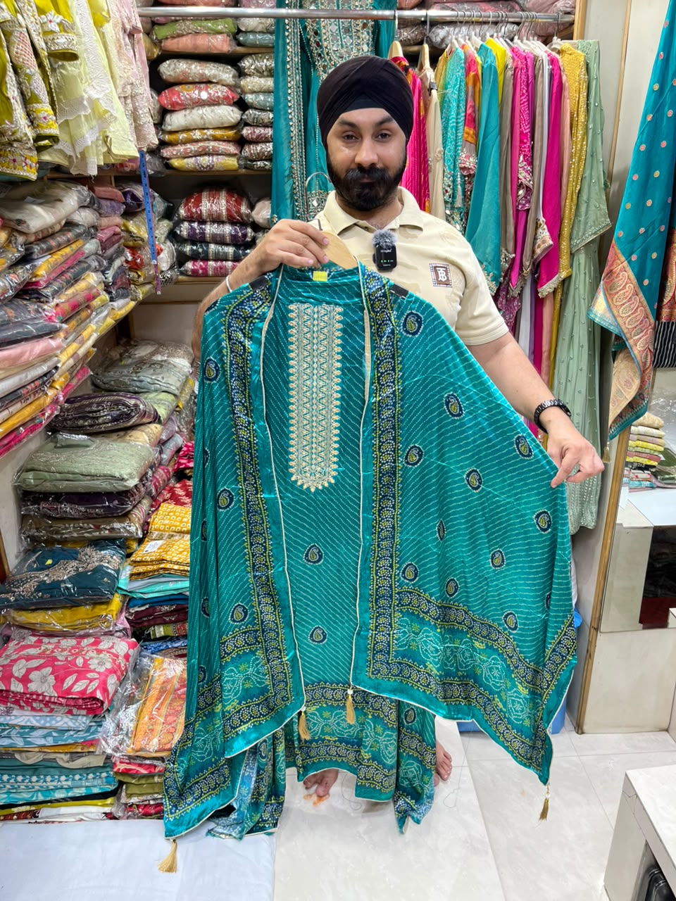 Gajji Silk Bhandhej Patra Work Neckline - Design no 31