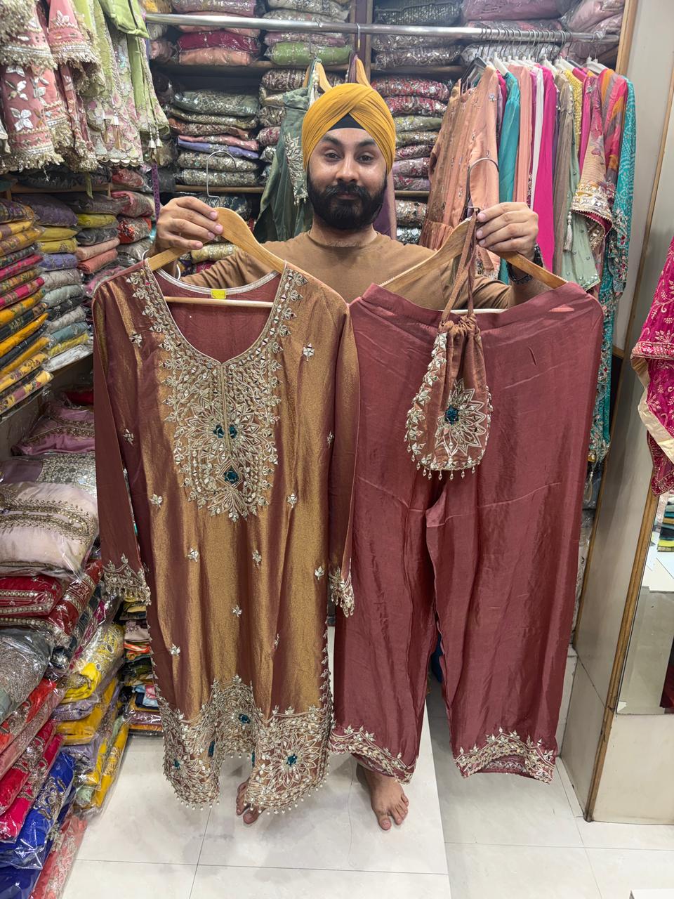 Luxury Straight Slit Dress with Pant & Potli Dress