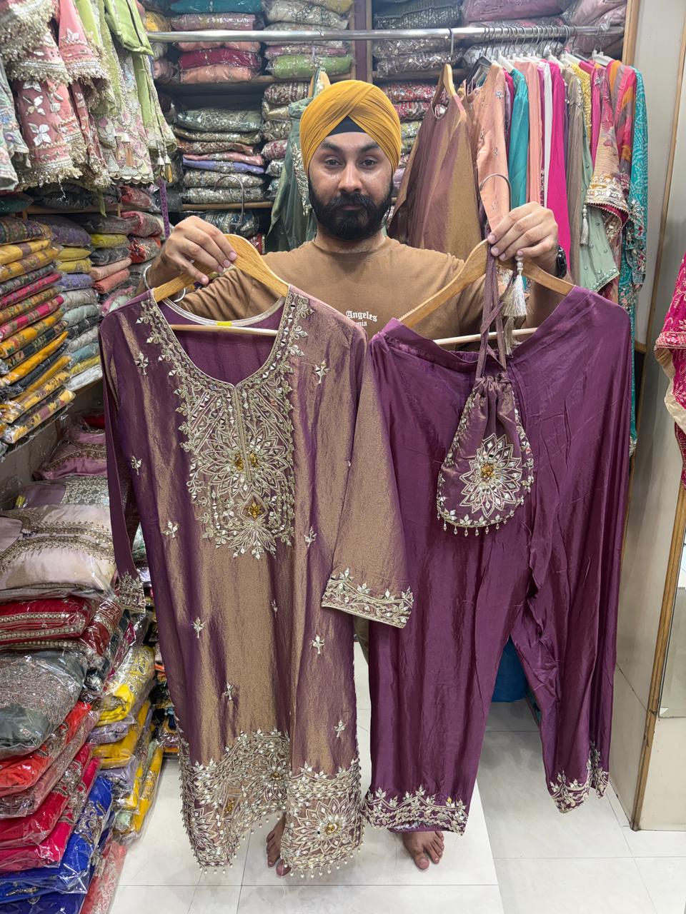 Luxury Straight Slit Dress with Pant & Potli Dress