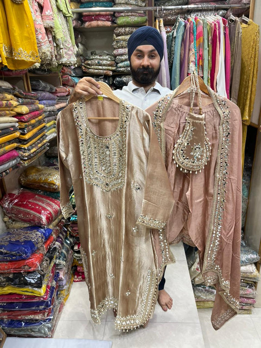 Luxury Shimmer Burberry Long Slit Dress with Dupatta - 1