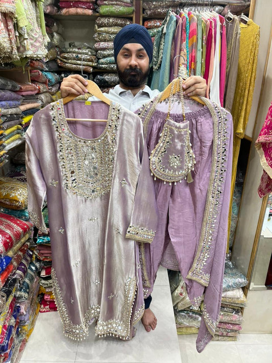 Luxury Shimmer Burberry Long Slit Dress with Dupatta - 1