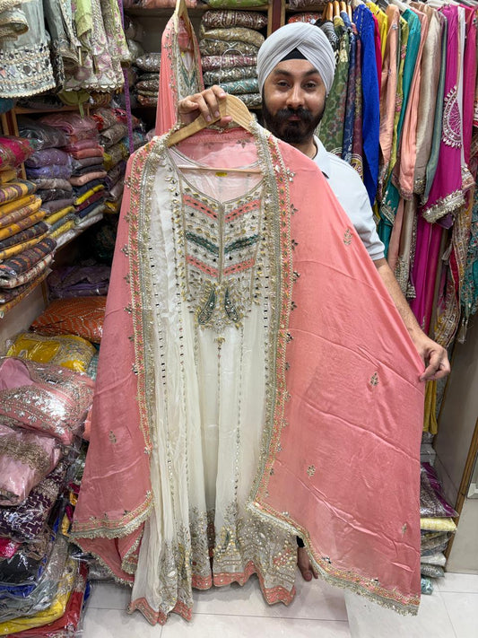 Premium Chinnon Anarkali Milky white Edition