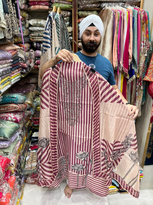 Ethnic Maheshwari Luxury Stripe Print Suit - Zari Neck