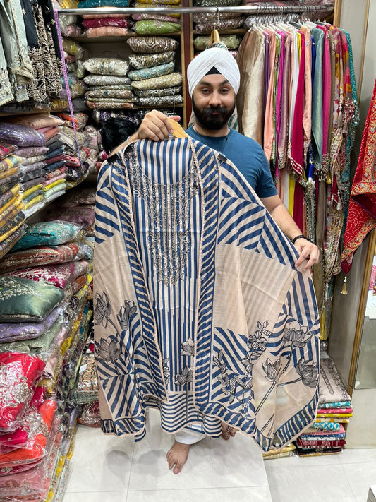 Ethnic Maheshwari Luxury Stripe Print Suit - Zari Neck