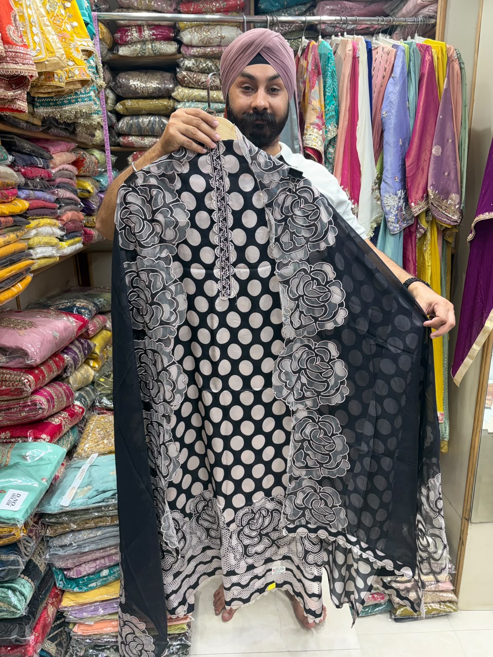 Luxury Muslin Polka Applique Work Heavy Suits