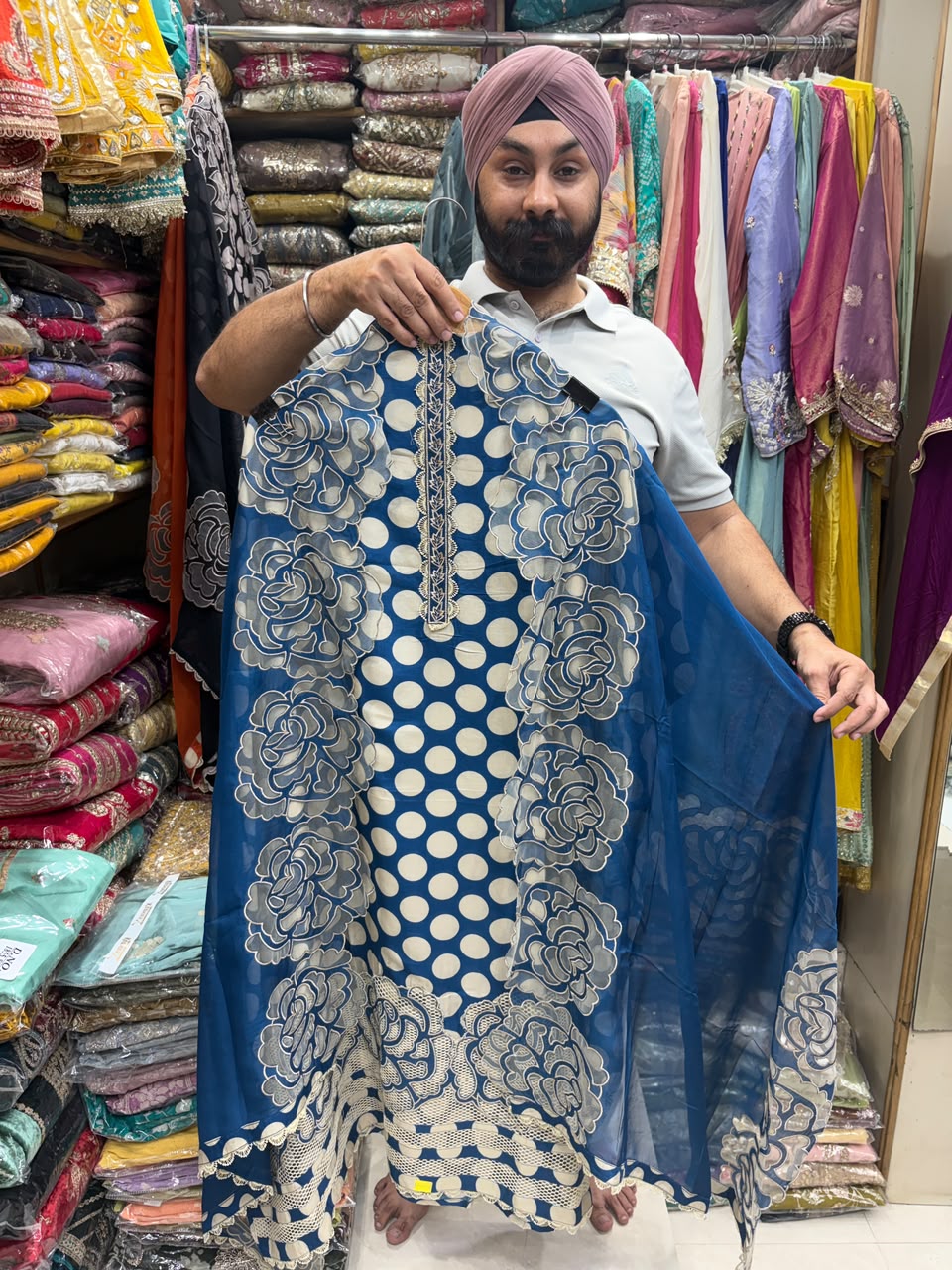 Luxury Muslin Polka Applique Work Heavy Suits