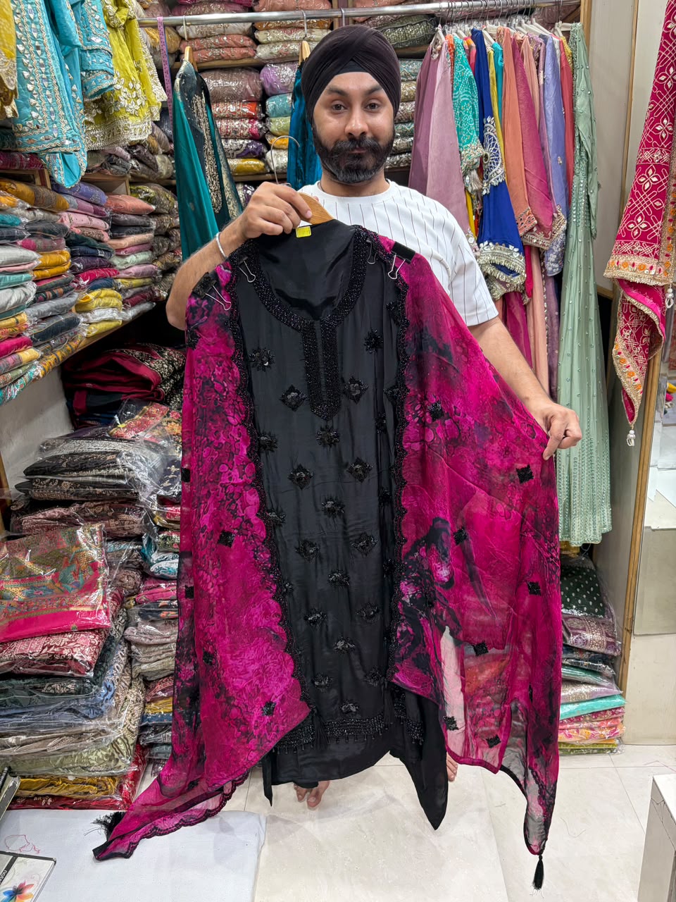 Crepe Black Beads Work Shibori Print Dupatta