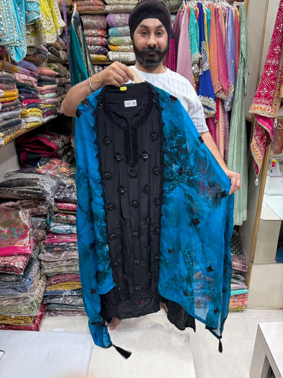 Crepe Black Beads Work Shibori Print Dupatta