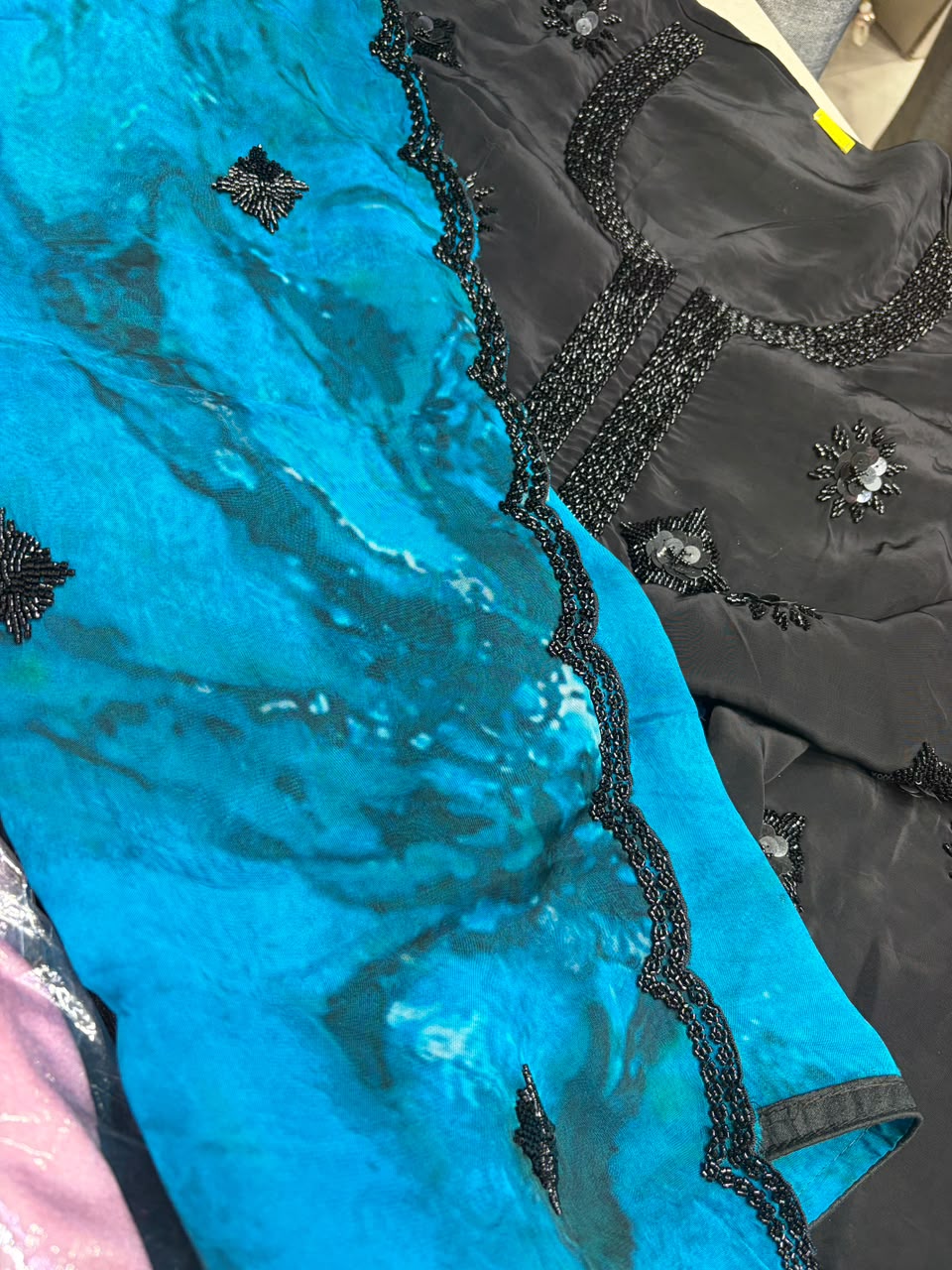 Crepe Black Beads Work Shibori Print Dupatta