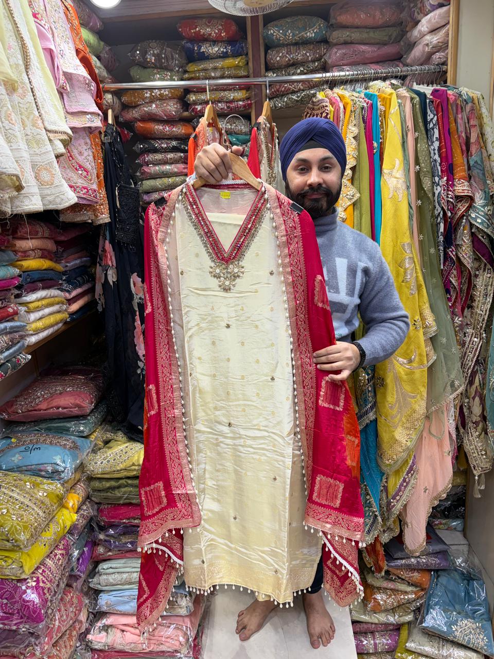 Shimmer with Dola silk Hand Embroidered Suit